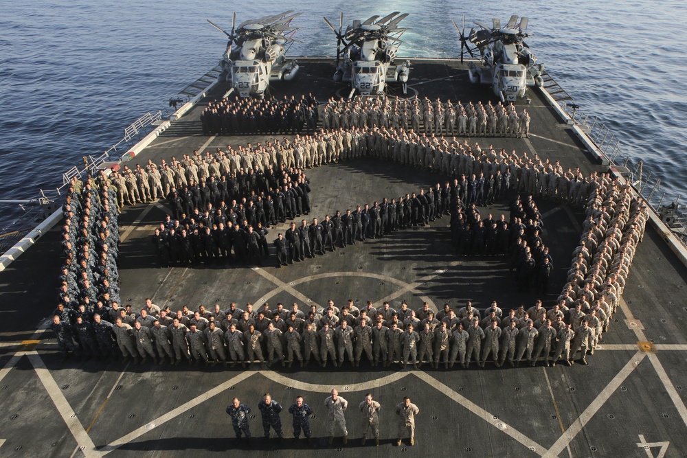 USS Arlington Marines and Sailors half way group photo