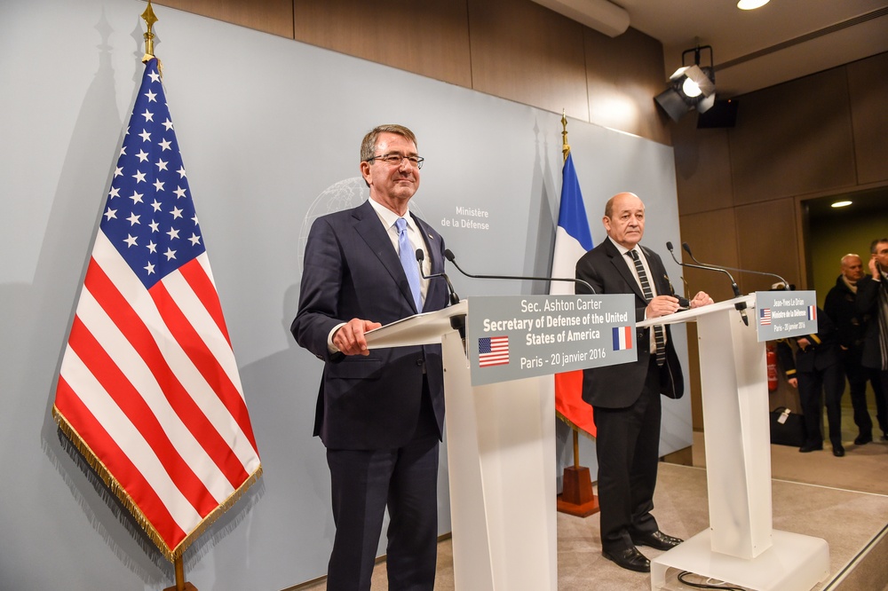 Secretary of defense, French minister of defense hold a joint press conference, speak about the counter-ISIL fight, answer questions from the press