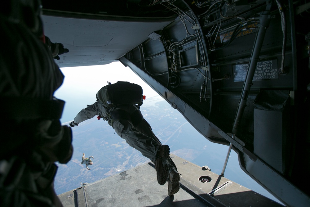 Descent from above: Marines conduct parachute operations.