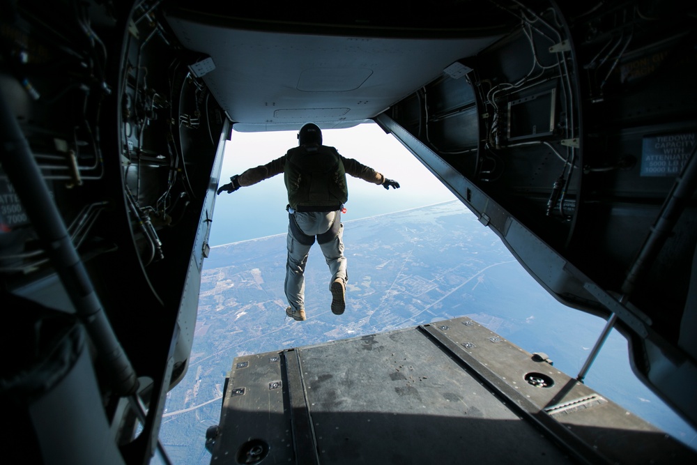 Descent from above: Marines conduct parachute operations.