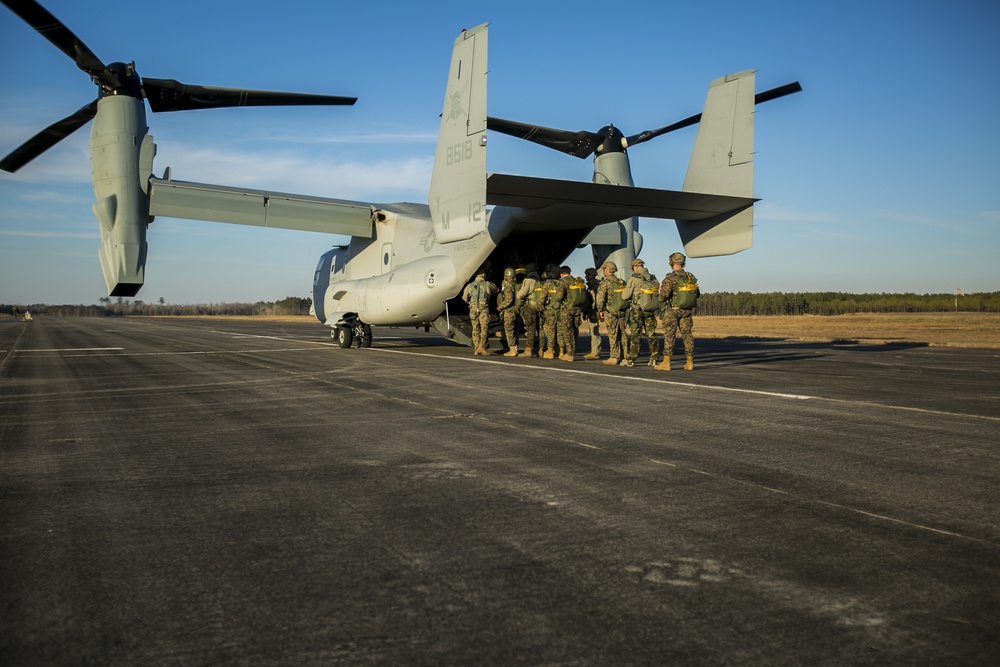 Descent from above: Marines conduct parachute operations.