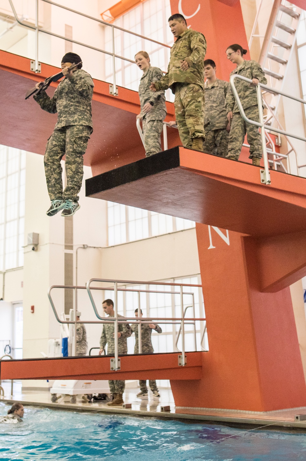 Female ROTC cadet does 5-meter drop