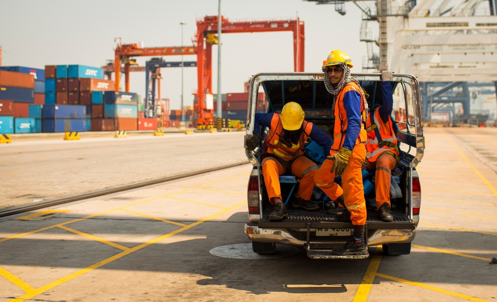 U.S. Service Members Unload Supplies at Laem Chabang International Terminal