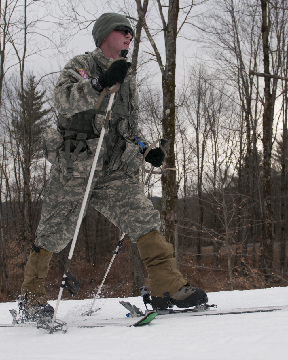 A Soldier pushes forward during biathlon exercise
