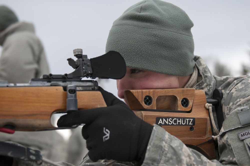 A Soldier hones in on his target during a biathlon exercise