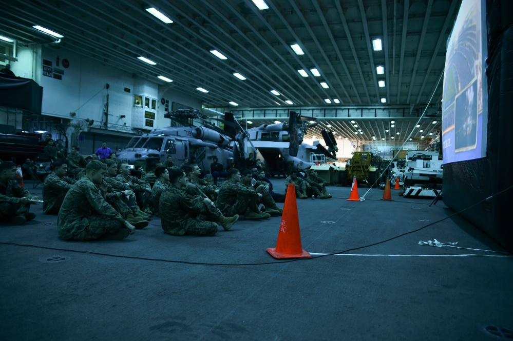 Sailors and Marines aboard USS Bonhomme Richard prep to watch Super Bowl 50