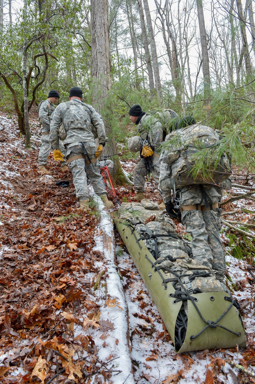 US Army military mountaineering students hoist littered patient
