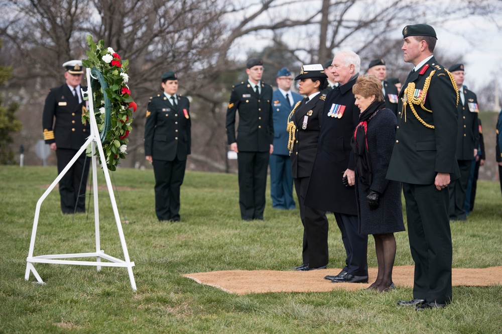 Governor General of Canada lays a wreath at the Tomb of the Unknown Soldier and the Canadian Cross of Sacrifice at Arlington National Cemetery
