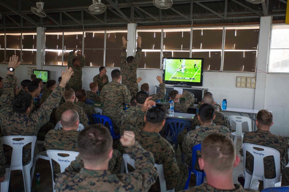 Deployed Marines cheer for Super Bowl 50