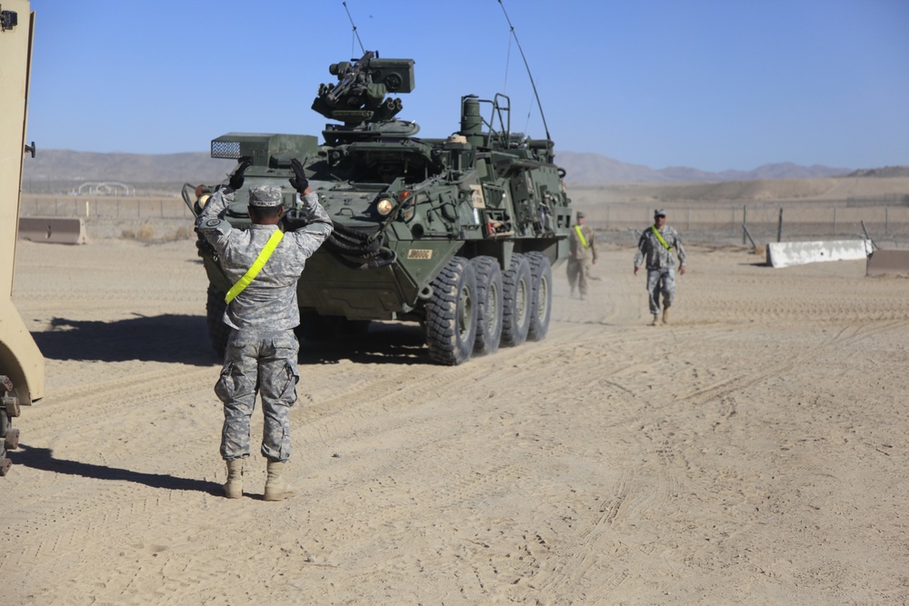 US Army trooper ground guides a Stryker