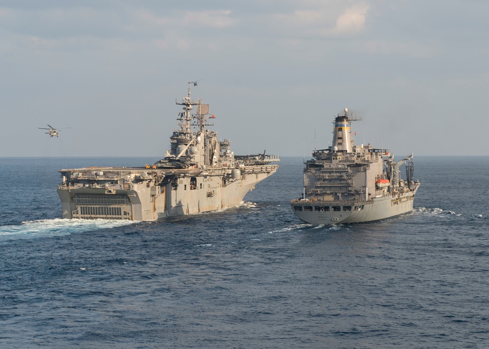 USS Bonhomme Richard preps for replenishment at sea