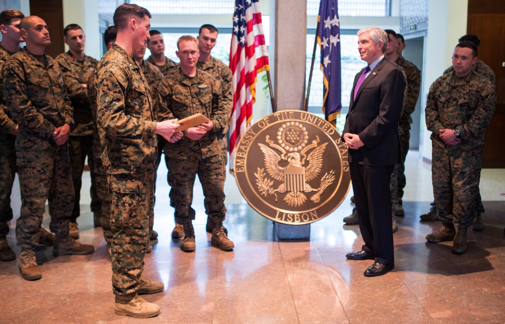 U.S. Ambassador of Portugal receives plaque from SPMAGTF-CR-AF