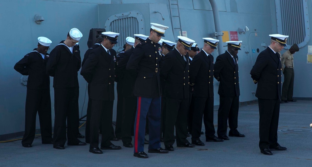 Marines with the 26th MEU participate in rifle detail aboard the USS Arlington