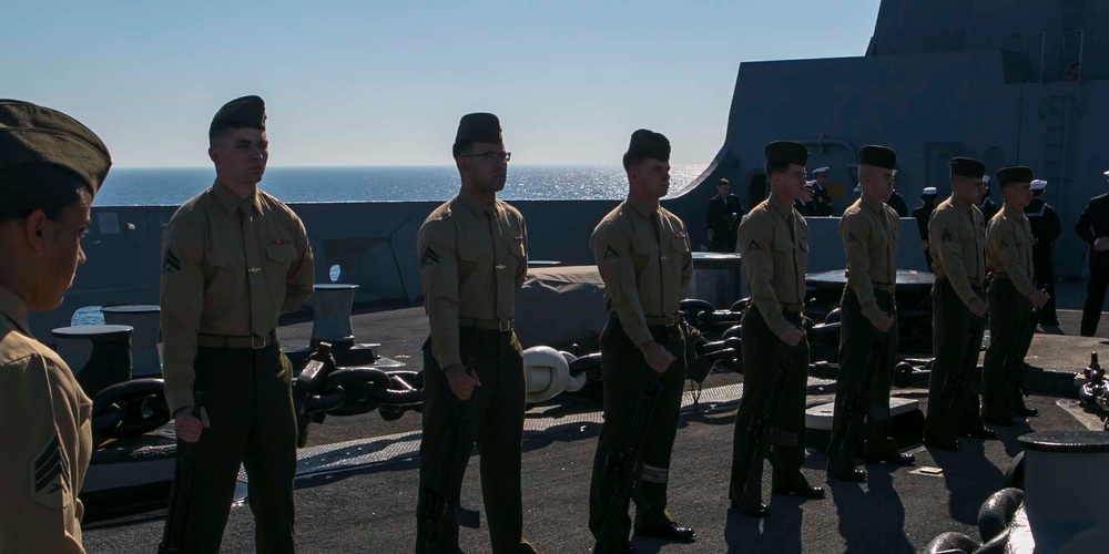 Marines with the 26th MEU participate in rifle detail aboard the USS Arlington