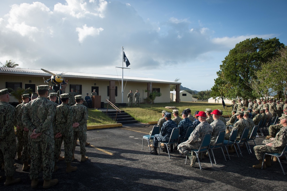 Seabees assigned to NMCB 1 conduct a relief in place and transfer of authority ceremony to NMCB 133 in Guam