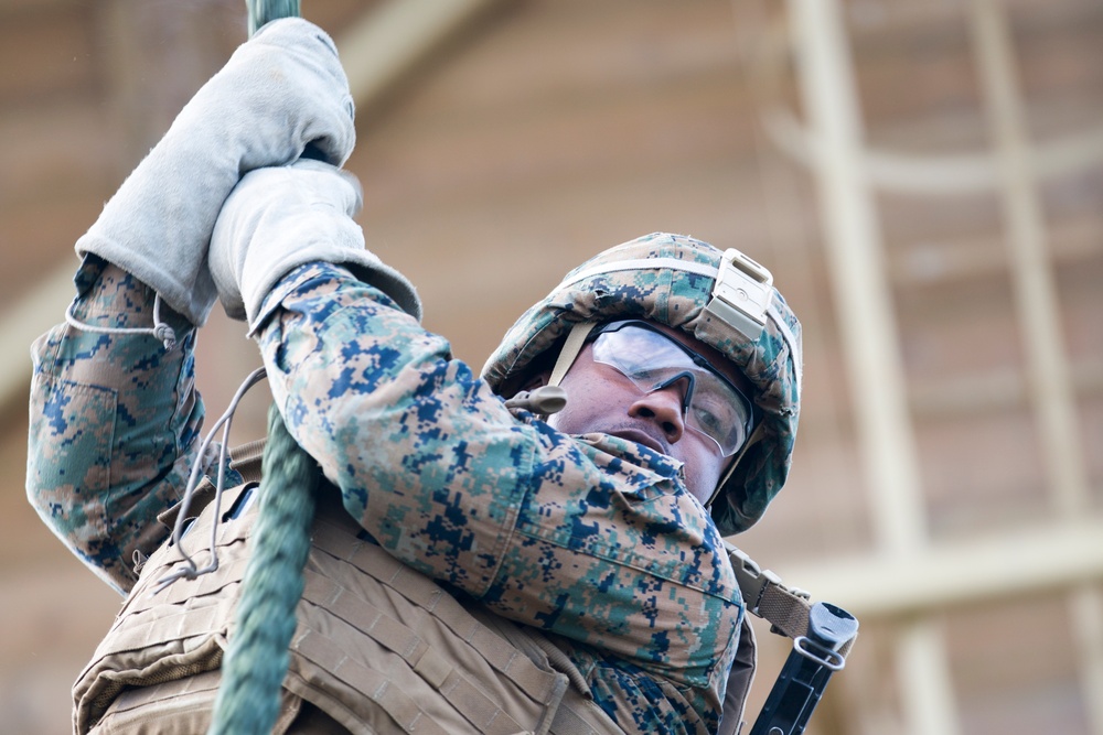 U.S. Marines with Bravo Co. 1/8 practice Fast Rope techniques