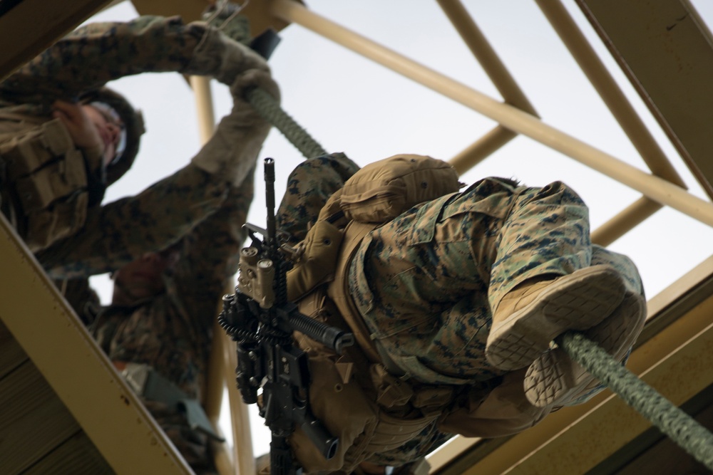 U.S. Marines with Bravo Co. 1/8 practice Fast Rope techniques