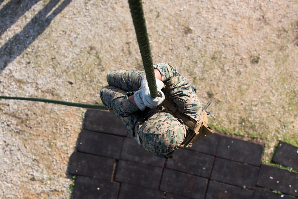 U.S. Marines with Bravo Co. 1/8 practice Fast Rope techniques