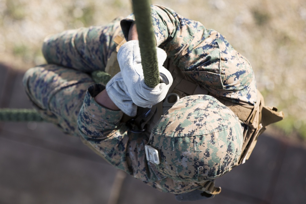 U.S. Marines with Bravo Co. 1/8 practice Fast Rope techniques