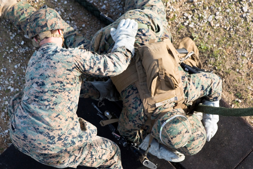 U.S. Marines with Bravo Co. 1/8 practice Fast Rope techniques