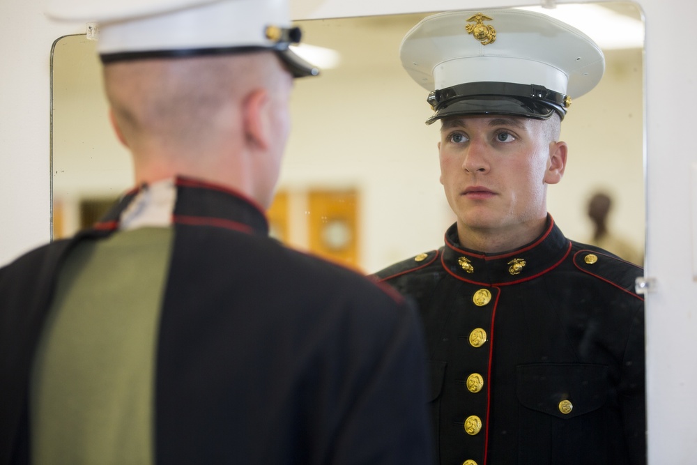 Marine recruits have their photograph taken on Parris Island