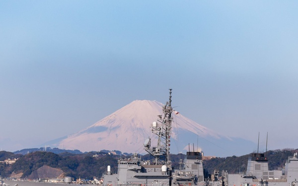 Japan Maritime Self-Defense Ship transits Uraga Channel in fron of Mt. Fuji