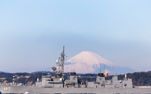 Japan Maritime Self-Defense Ship transits Uraga Channel in fron of Mt. Fuji
