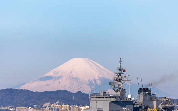 Japan Maritime Self-Defense Ship transits Uraga Channel in fron of Mt. Fuji