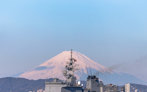 Japan Maritime Self-Defense Ship transits Uraga Channel in fron of Mt. Fuji