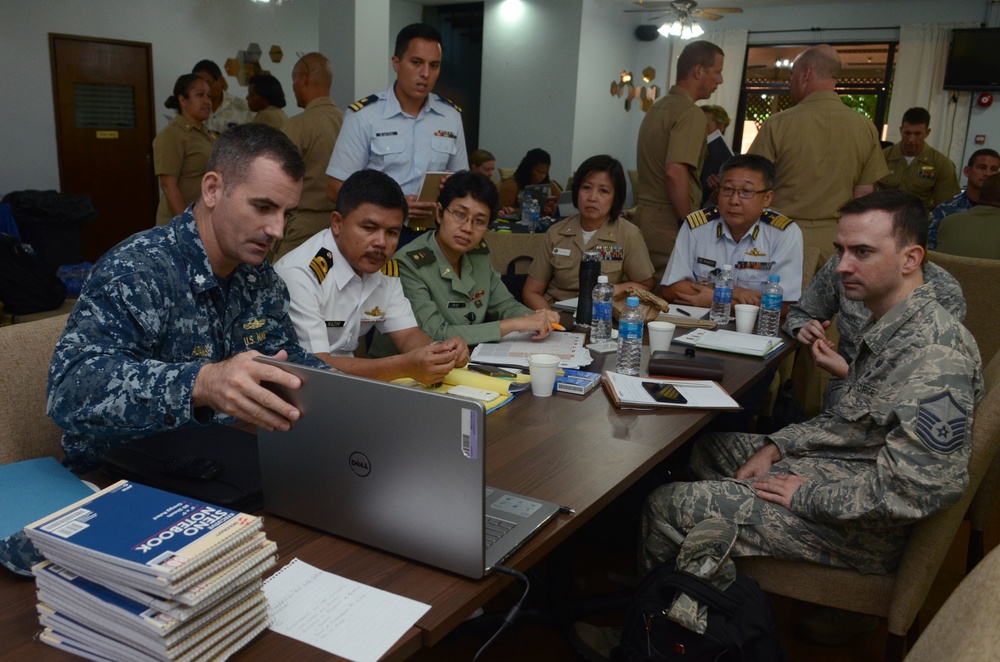 Cmdr. Gregory Adams, attached to Commander, Logistics Group Western Pacific/CTF73, participates in a planning conference for Pacific Partnership 2016 Feb. 23, 2016