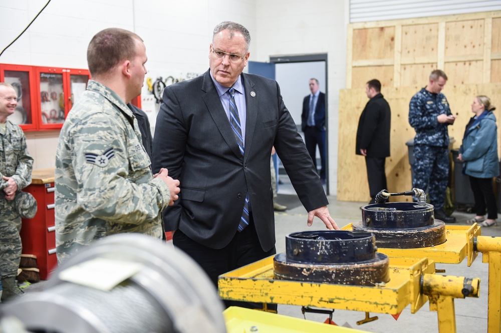 Deputy secretary of defense tours a maintenance high bay facility at F. E. Warren Air Force Base