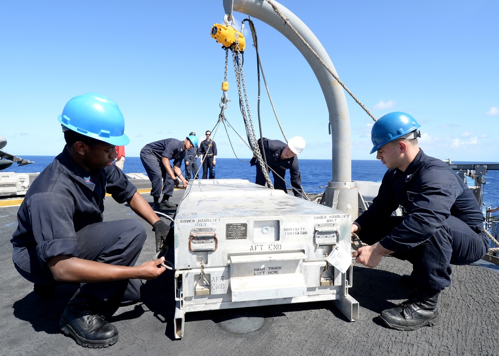 Missile upload evolution aboard USS Boxer