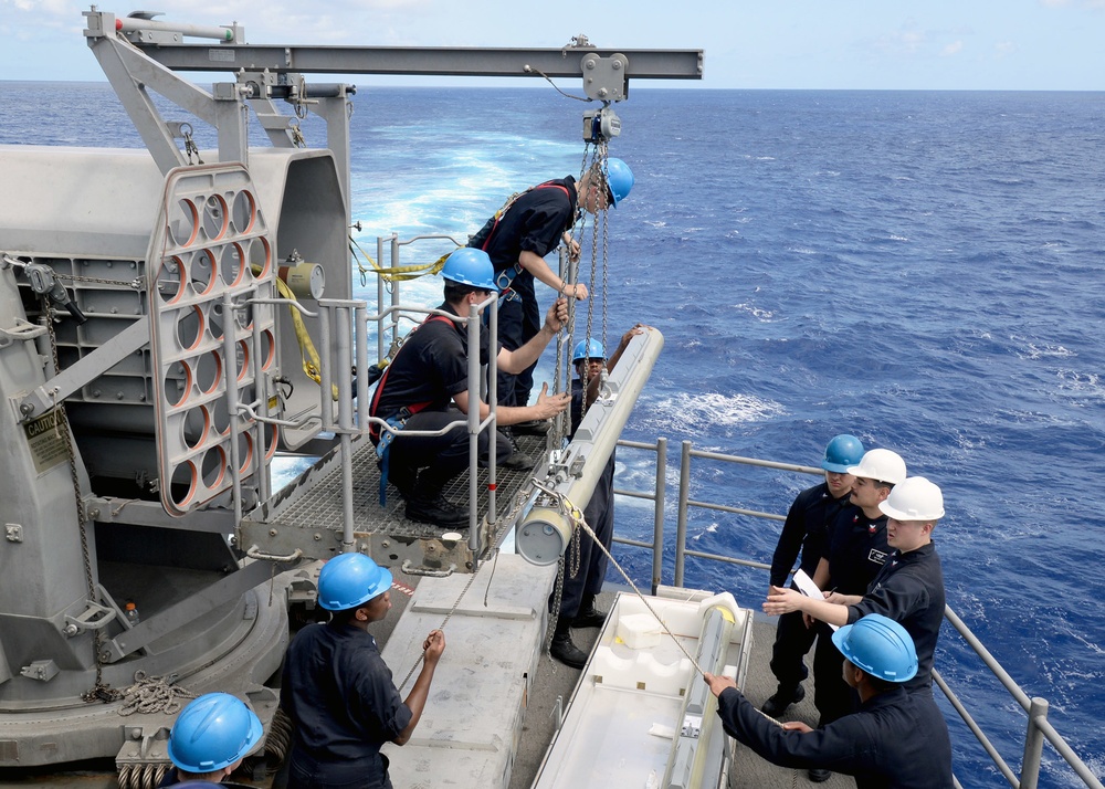 Missile upload evolution aboard USS Boxer