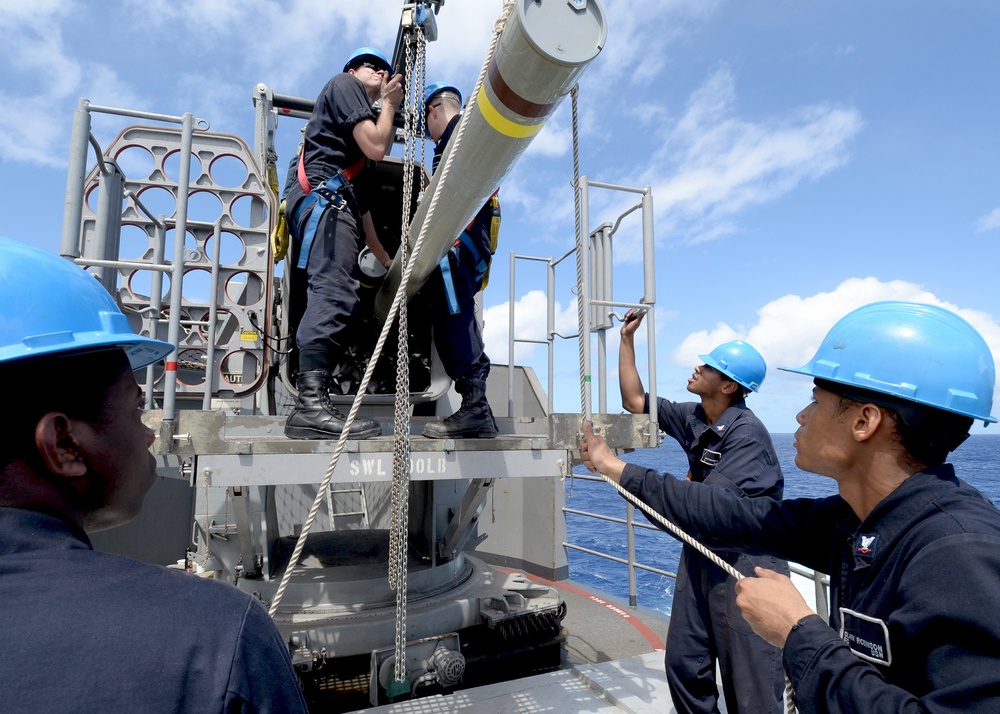 Missile upload evolution aboard USS Boxer