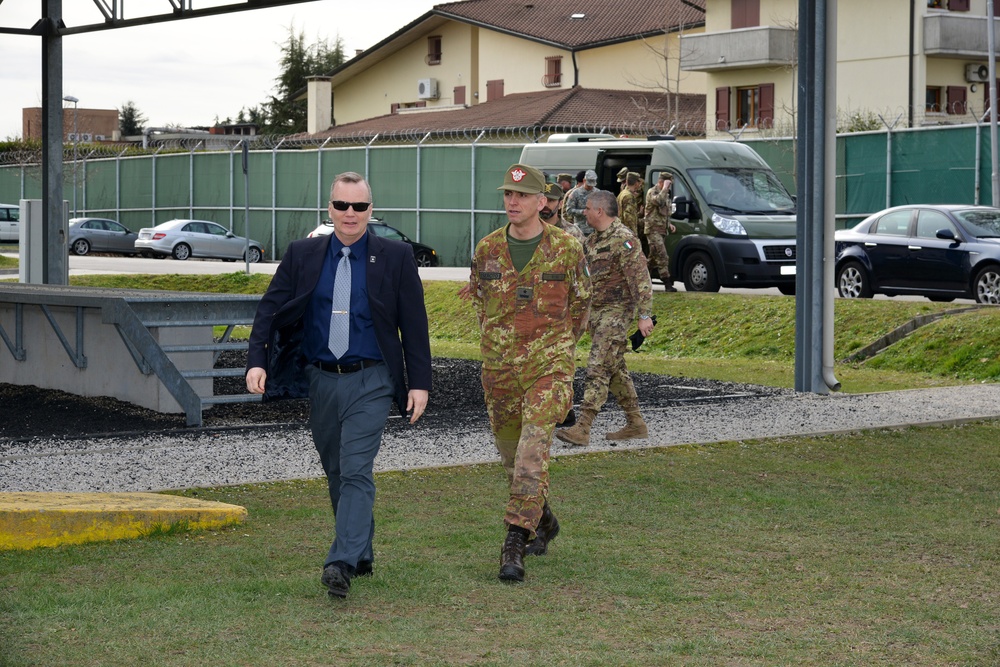Brig. Gen. Michele Risi, Multinational Land Force “Julia” Alpine Brigade Commander tours Regional Training Support Division South, Caserma Ederle,  Vicenza, Italy.
