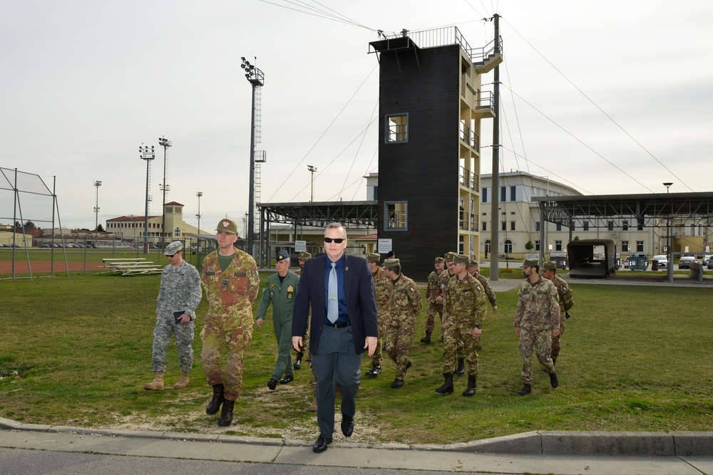 Brig. Gen. Michele Risi, Multinational Land Force “Julia” Alpine Brigade Commander tours Regional Training Support Division South, Caserma Ederle,  Vicenza, Italy.