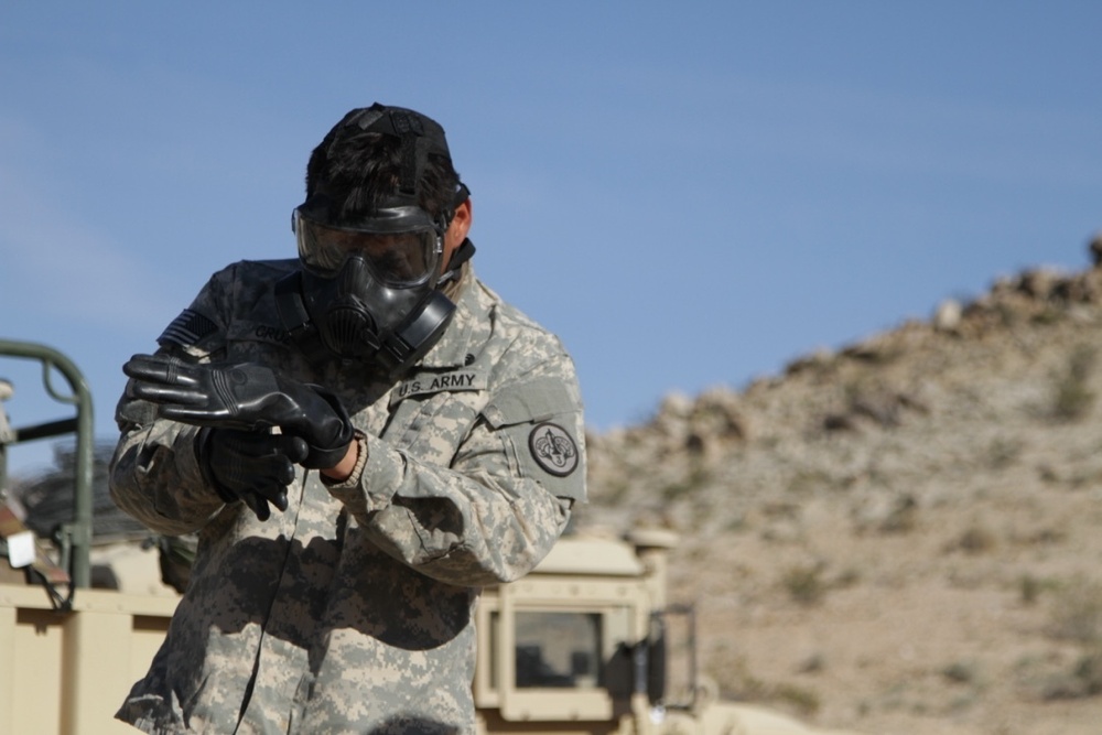 Soldier demonstrates MOPP gear