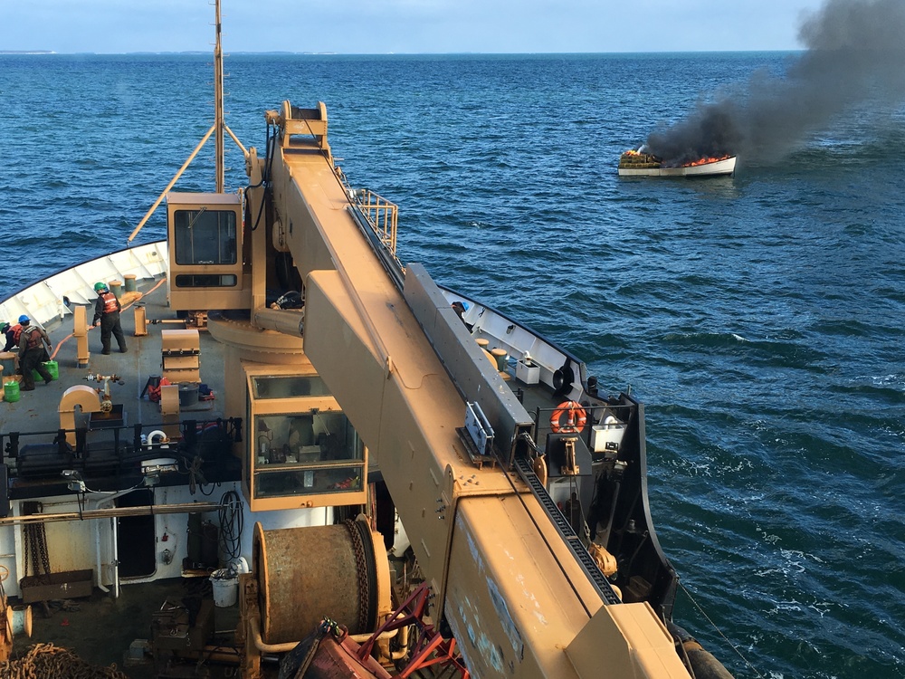Coast Guard Cutter Willow crew responds to a lobster boat on fire off the coast of Maine