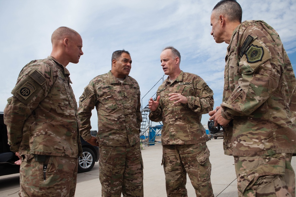 Lt. Gen. Michael Garrett, Commander, US Army Central (ARCENT), meets with Brig. Gen. Mark Odom, Deputy Commander for Operations, 82nd Airborne Division