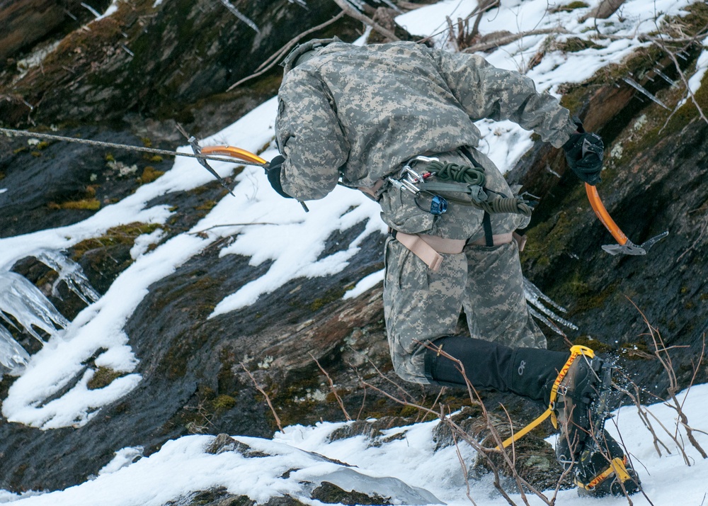 Vermont National Guard Soldier rappels down ice wall