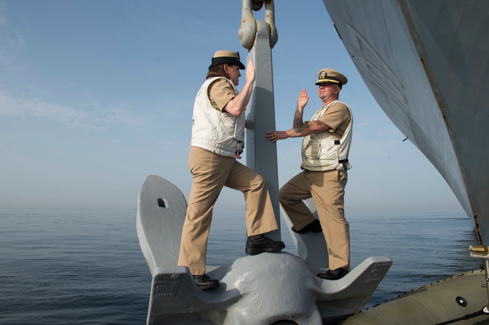 Commissioning on USS Gravely's anchor