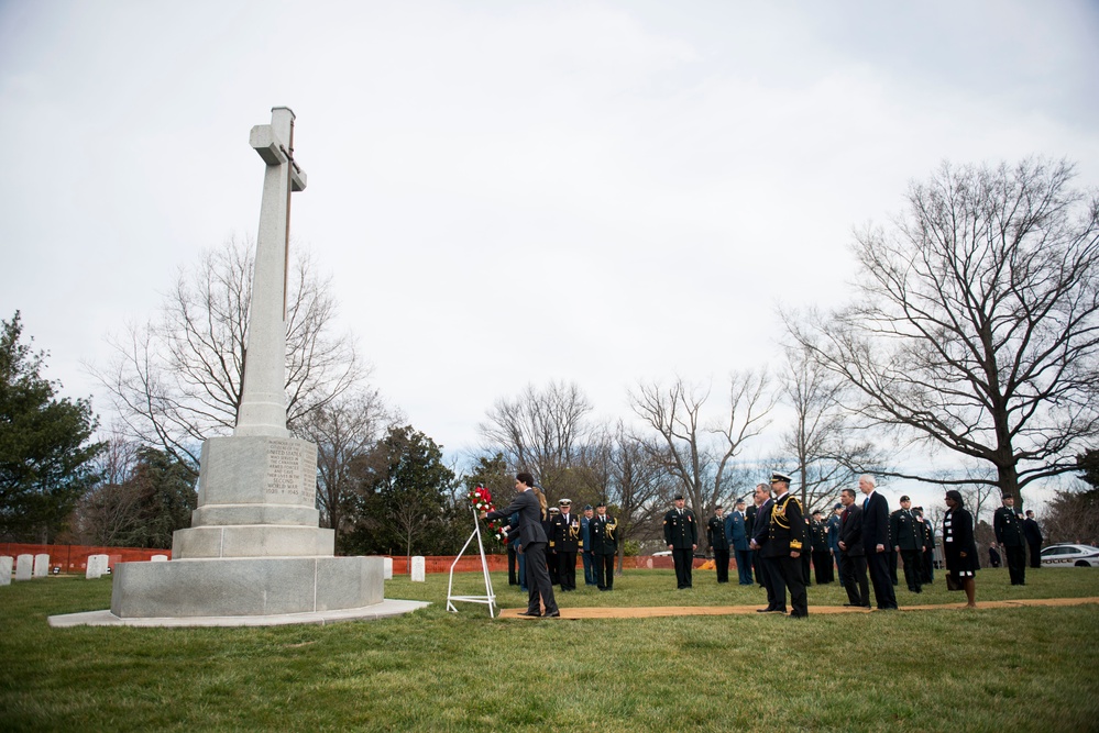 Prime Minister of Canada lays a wreath at the Canadian Cross of Sacrifice in Arlington National Cemetery