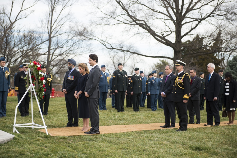 Prime Minister of Canada lays a wreath at the Canadian Cross of Sacrifice in Arlington National Cemetery