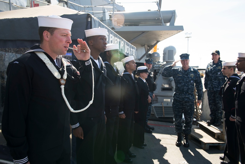 Commander, US Naval Forces Europe-Africa, arrives aboard USS Porter