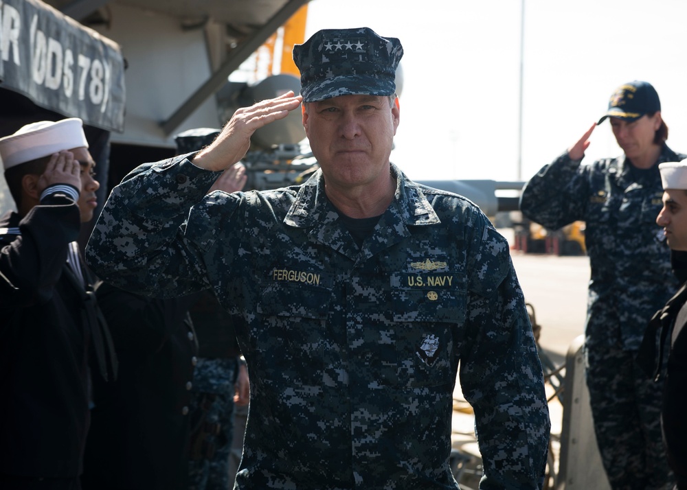 Commander, US Naval Forces Europe-Africa, arrives aboard USS Porter