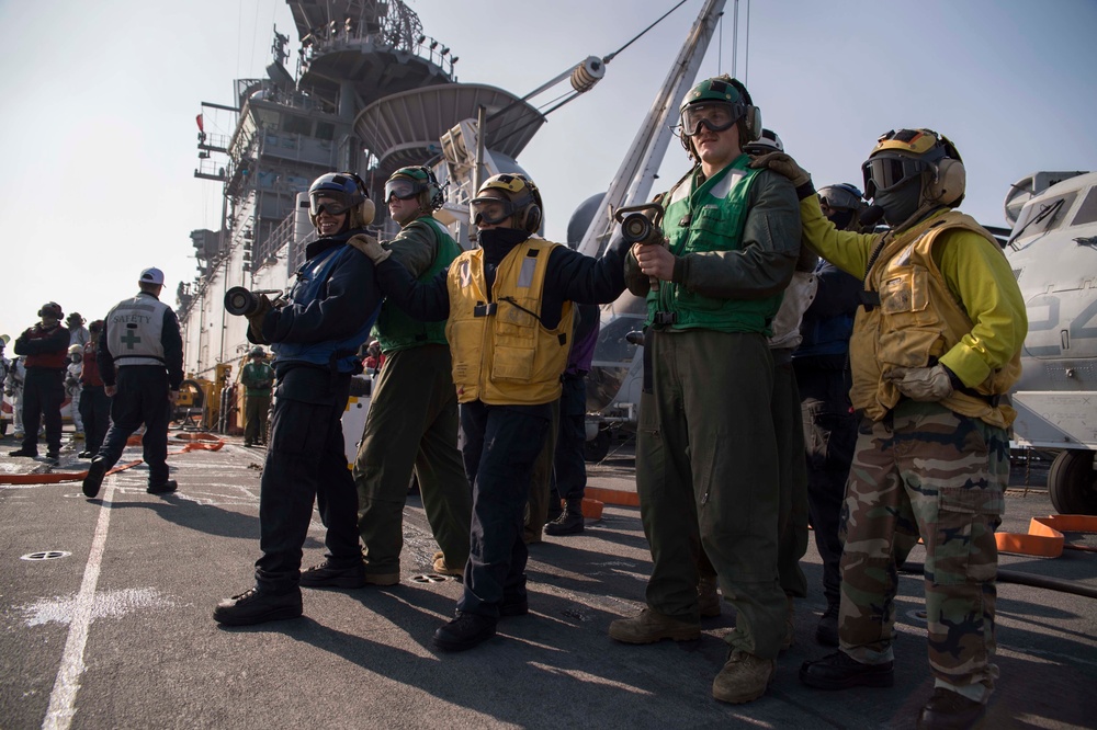 Flight deck firefighting drills aboard USS Bonhomme Richard
