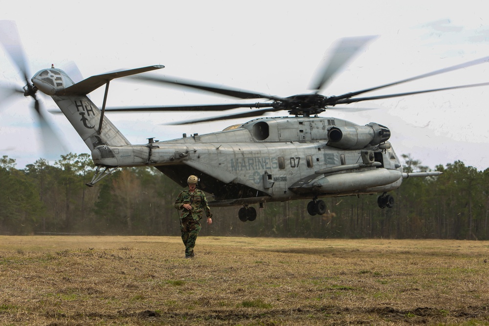 A U.S. Marines CH-53E Super Stallion heavy-lift helicopter is landing or hovering very low over an open grassy field. A Marine in woodland camouflage uniform and helmet is walking away from the aircraft in the foreground. The setting appears to be a training exercise at a military installation surrounded by pine trees.