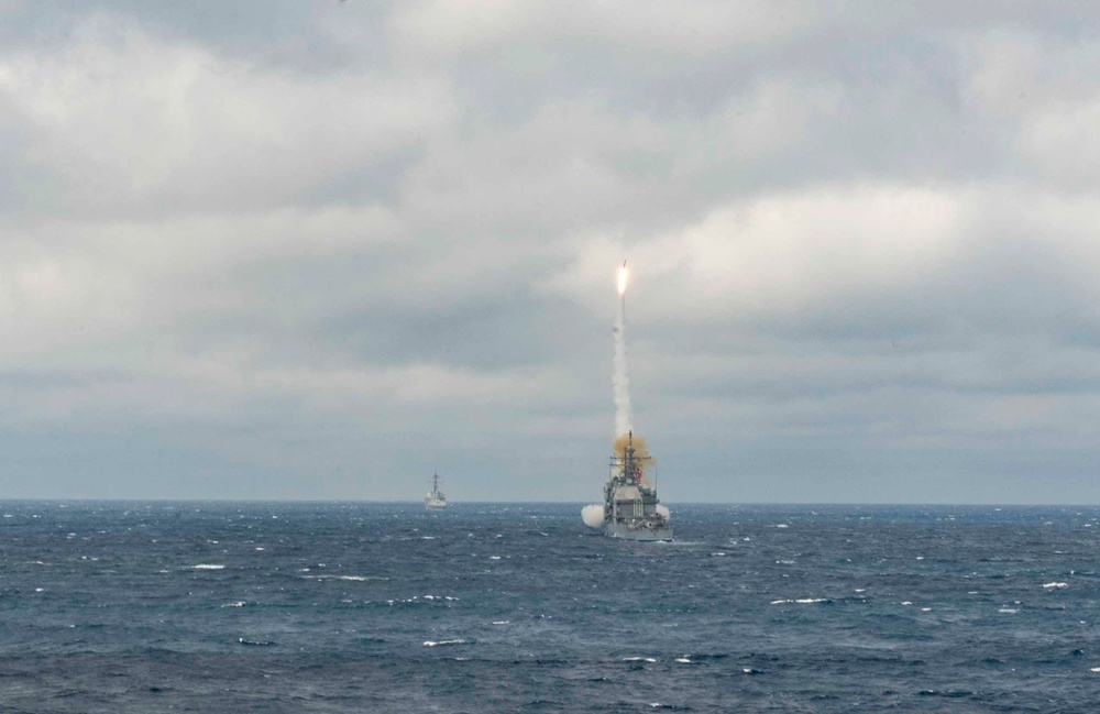 A 1,500-pound Standard Missile-2 (SM-2) launches from the Ticonderoga-class guided-missile cruiser USS Monterey (CG 61)