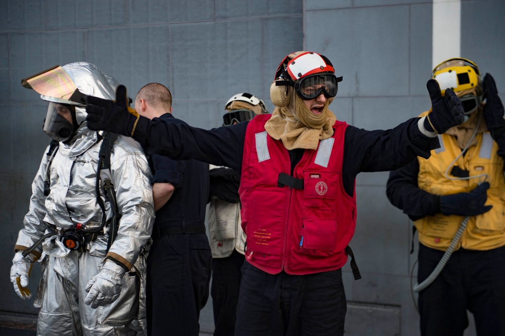 Firefighting drill aboard USS San Jacinto