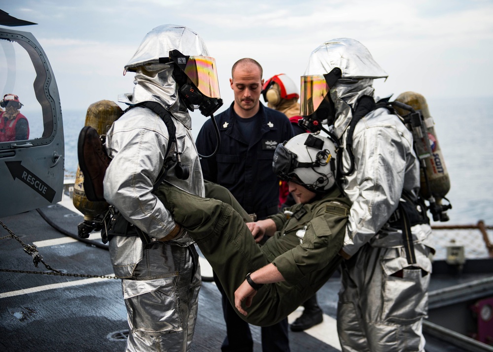 Firefighting drill aboard USS San Jacinto